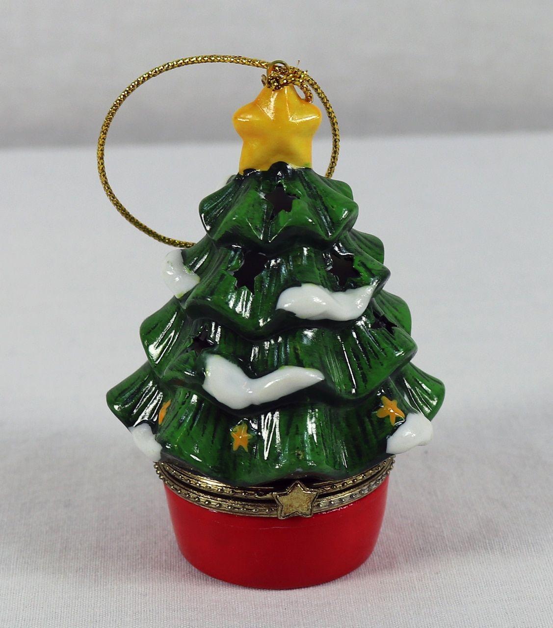 Green Tree with Red S Logo - Porcelain Hanging Christmas Ornament Green Tree Light Treasure Box