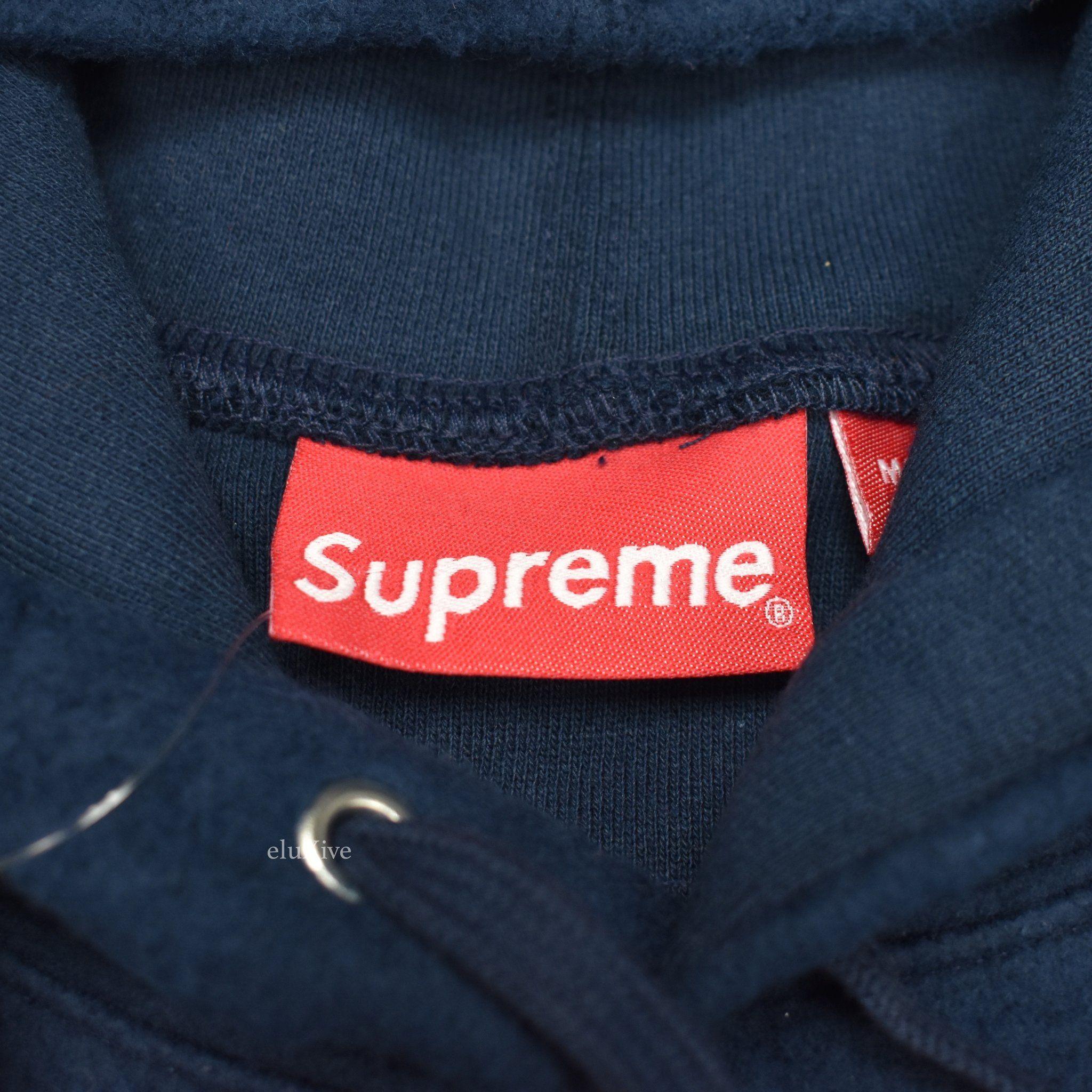 Reverse Supreme Logo - Supreme - Navy Blue Reverse Fleece Logo Embroidered Hoodie ...