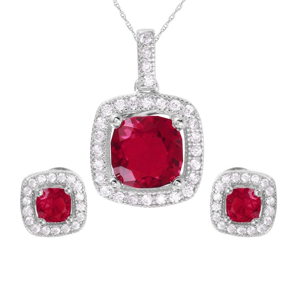 Silver and Red Square Logo - Sterling Silver Red Square CZ Earring and Necklace Set