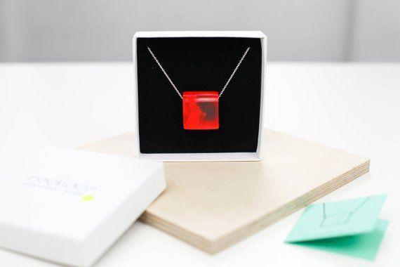 Silver and Red Square Logo - Red square pendant necklace minimal pendant necklace modern | Etsy