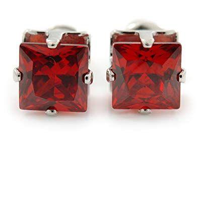 Silver and Red Square Logo - Cz Red Square Stud Earrings In Silver Tone: Jewelry