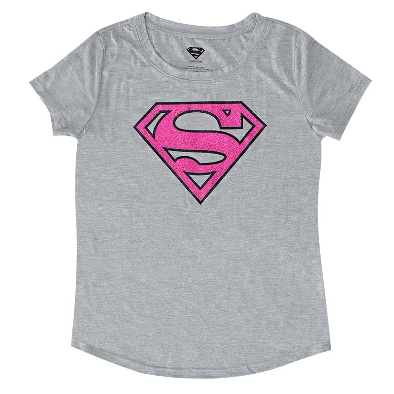 Pink Glitter Logo - Superman Pink Glitter Logo Girls 7-16 Grey T-Shirt | SuperheroDen.com