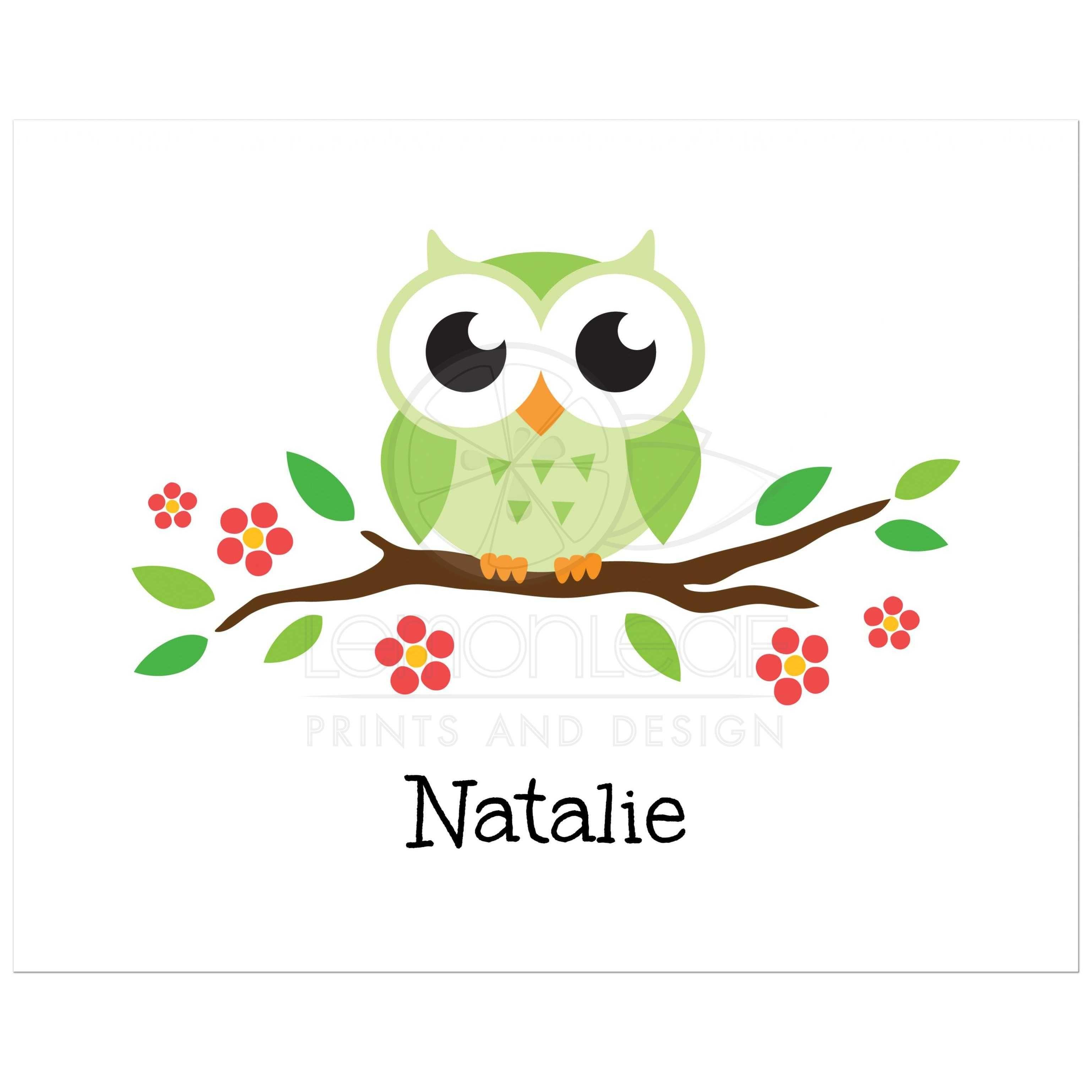 Owls Cartoon Logo - Green owl on flowering branch wall art print for children