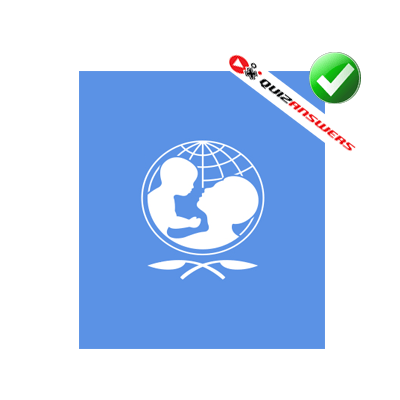 blue globe logo with mother and child inside