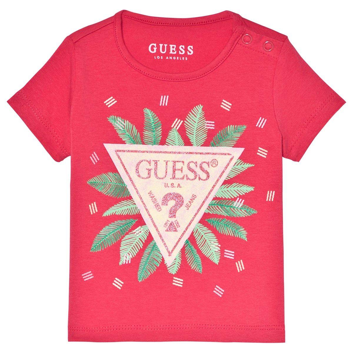 Guess Red Green White Logo - Guess Coral Glitter Leaf Logo T-Shirt | AlexandAlexa