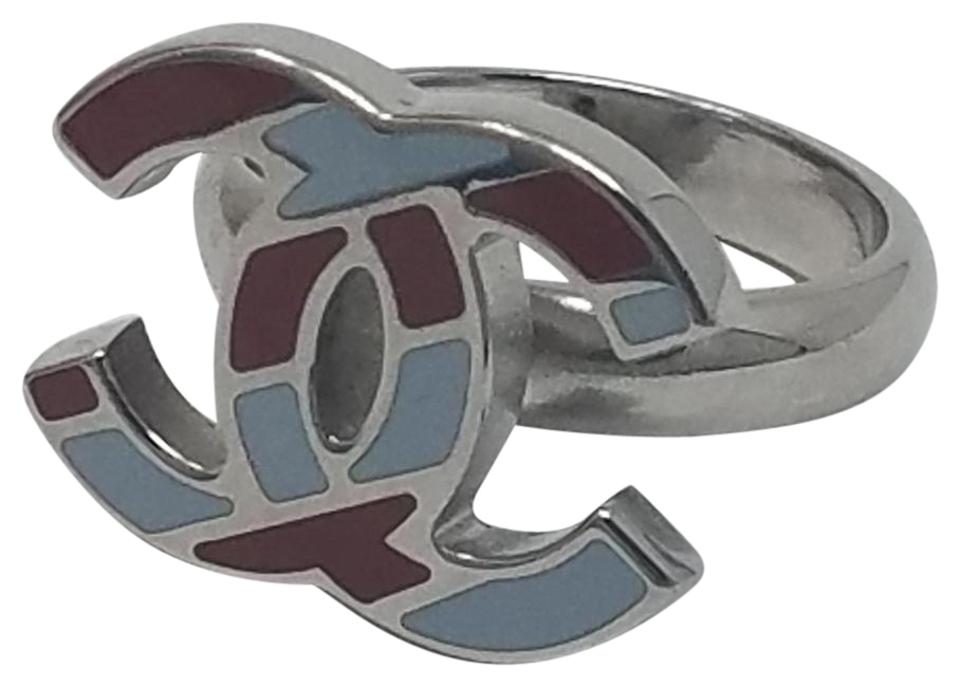 Interlocking CC Logo - Chanel Silver Blue Red Silver Tone Interlocking Cc Logo Ring