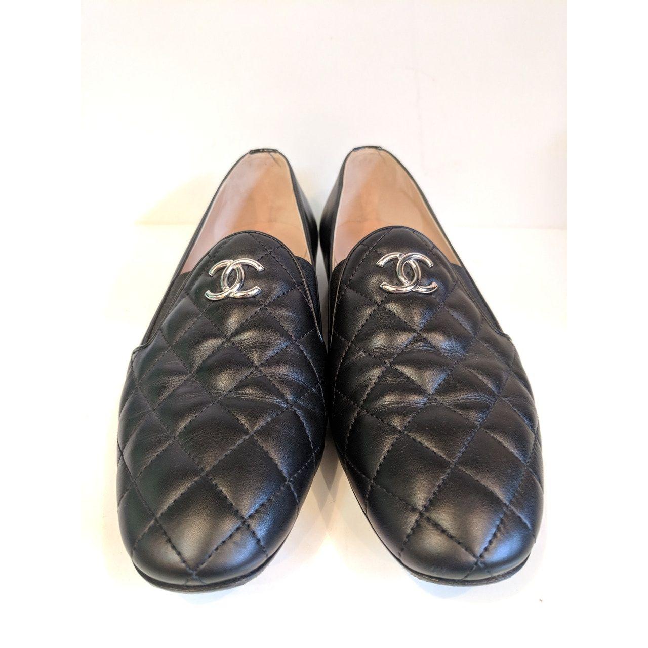 Interlocking CC Logo - Chanel Black Quilted Leather Silver Interlocking Cc Logo Loafers