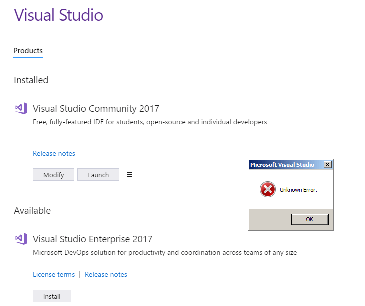 Visual Studio 2017 Logo - Unknown Error when launching Visual Studio 2017 Community after