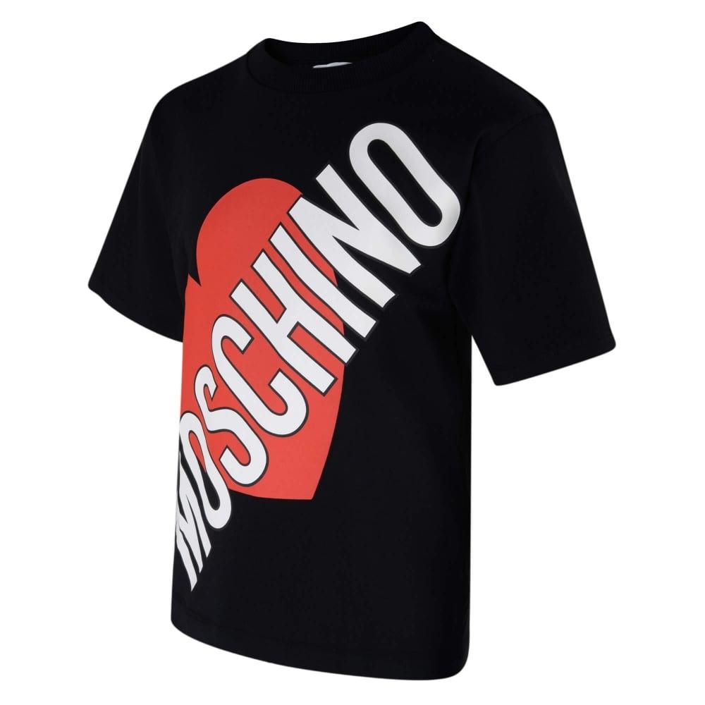 Black On Red Heart Logo - Moschino Girls Black T Shirt With Red Heart Logo