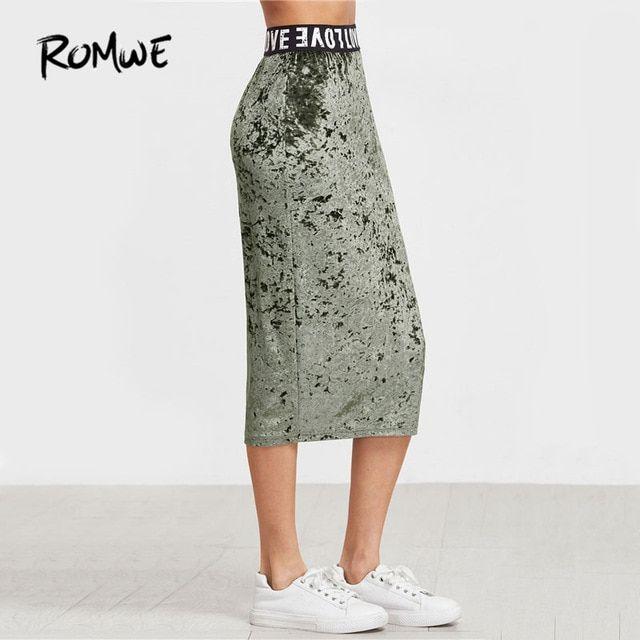 Romwe Logo - ROMWE Logo Waist Crushed Velvet Skirt Women Letters Print Fashion
