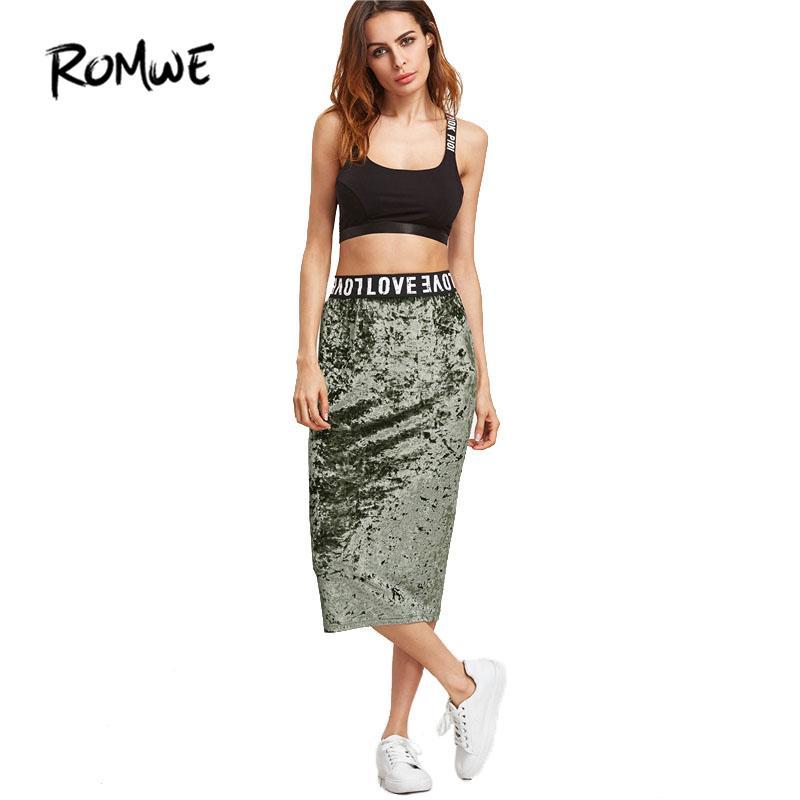 Romwe Logo - ROMWE Logo Waist Crushed Velvet Skirt Women Letters Print