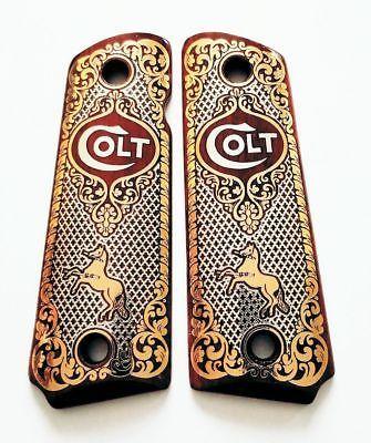 Wood and Gold Logo - COLT 1911 CUSTOM engraved wood grips gold silver rampant horse logo ...