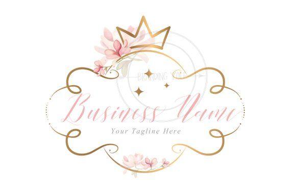 Floral Pink and Gold Logo - Flowers with gold crown logo Custom logo design gold crown | Etsy
