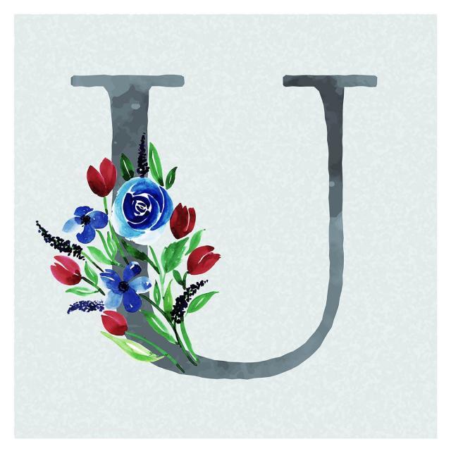 Floral Blue U Logo - Watercolor Floral Background In Blue Theme Letter U, Watercolor ...