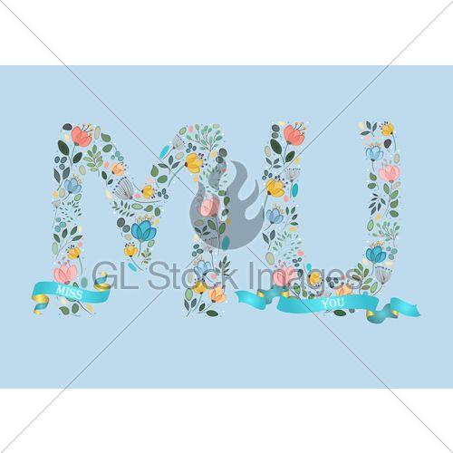 Floral Blue U Logo - Miss You. Floral Letters With Blue Ribbons · GL Stock Image