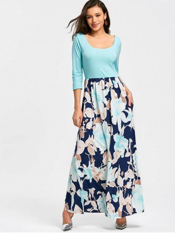 Blue Floral U Logo - 2019 U Neck Floral Print Maxi Dress In SKY BLUE S | ZAFUL