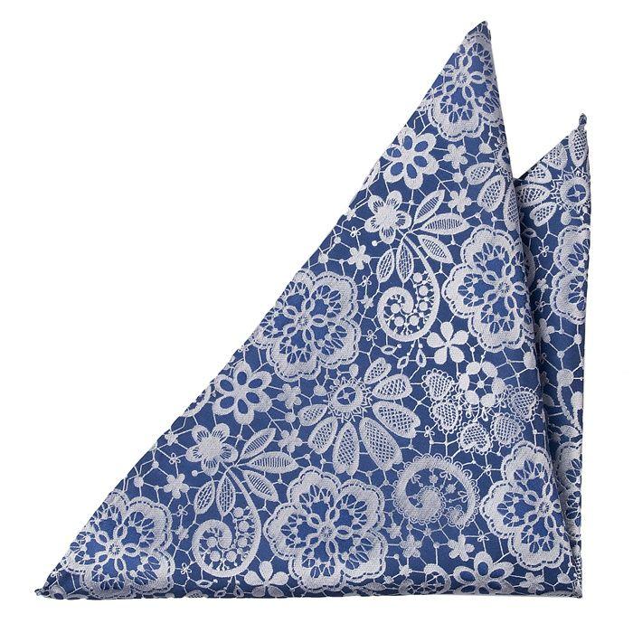 Blue Flowered U Logo - Silk Handkerchief - Steel blue base with white flowery pattern ...