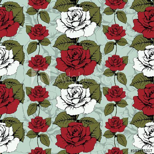Blue Flowery U Logo - Seamless pattern of flowers roses. Red and white roses Woven, ornate ...