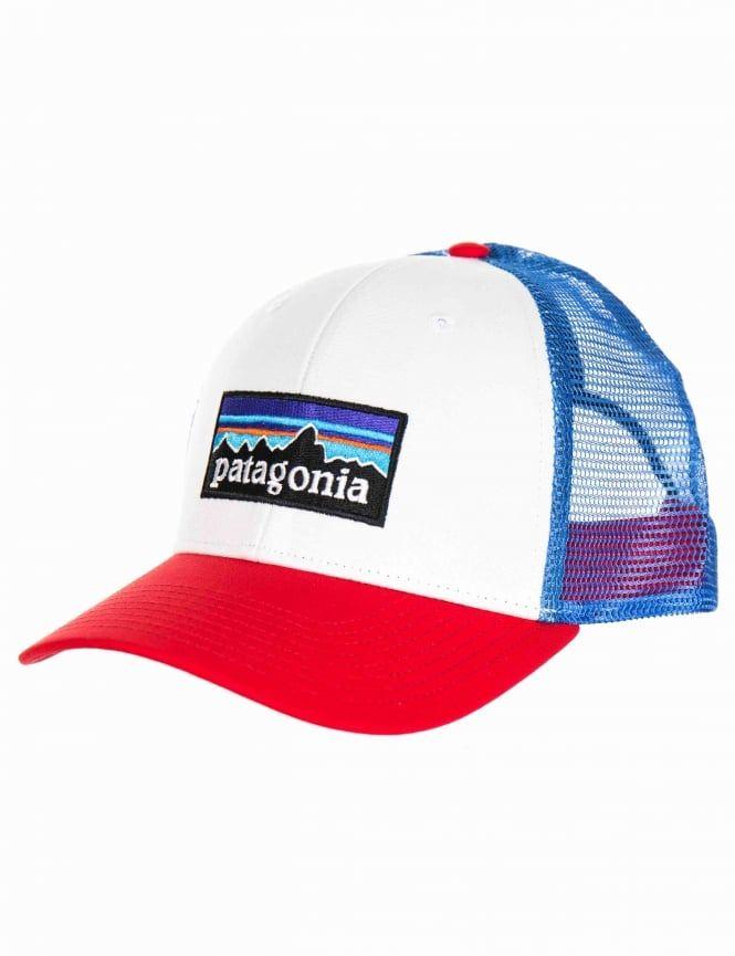 Blue and White P Logo - Patagonia P-6 Logo Trucker Hat - White with Fire Red/Andes Blue ...