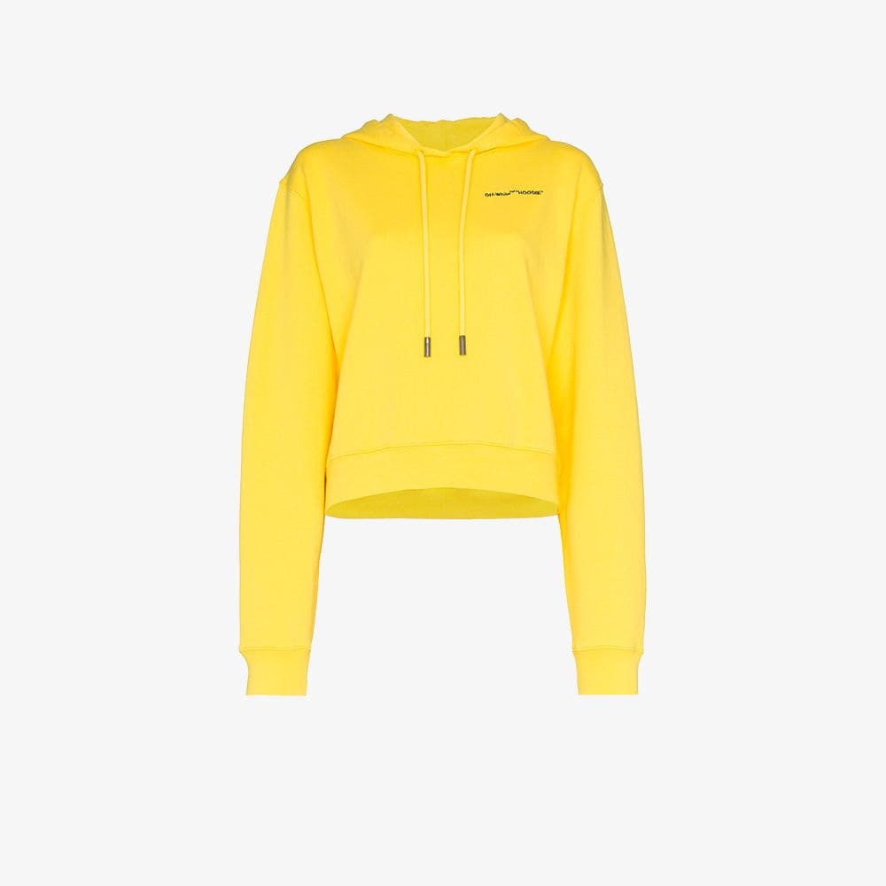 Yellow Off White Logo - Off White Yellow Logo Embroidered Cropped Long Sleeve Cotton Hoodie