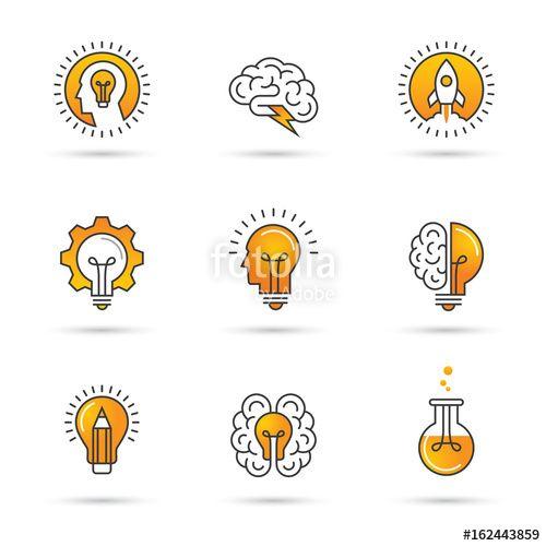 Idea Logo - Creative idea logo set with human head, brain, light bulb.