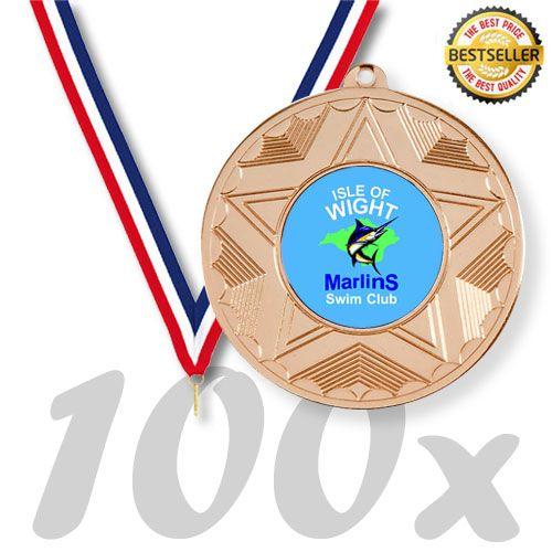 Medal Logo - Pack of 100 Horizon Medals with Ribbons & Free Logo Inserts 45mm