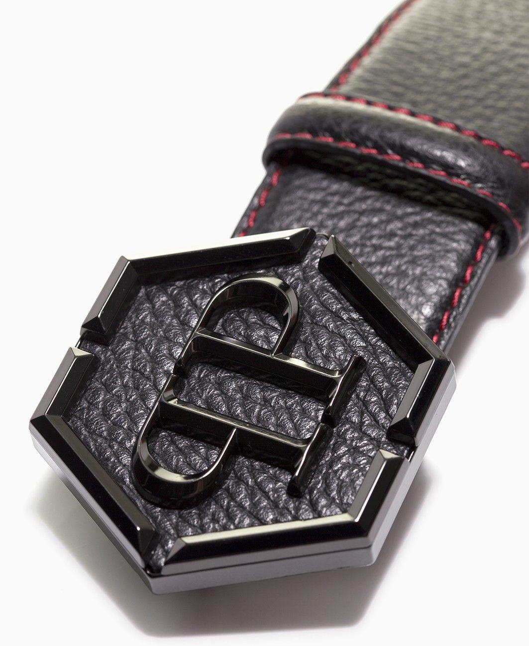 Black and Red Hexagon Logo - Philipp Plein Buckle Red Stitch Leather Belt & Red