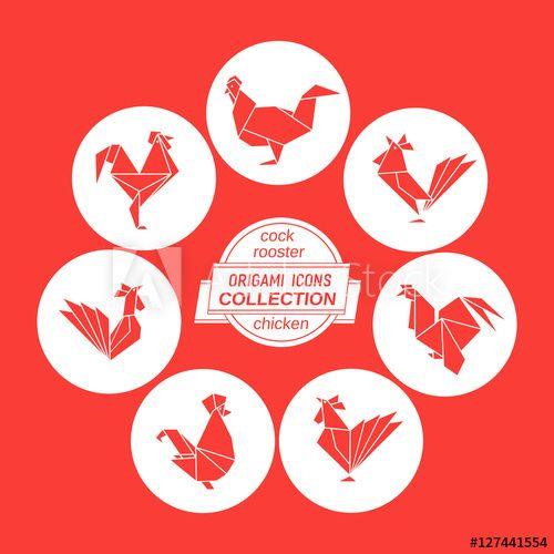 Red Geometric Logo - Cartoon cock icon set. Abstract red rooster sign silhouette in white ...