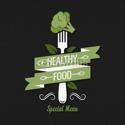 Broccoli Logo - Healthy food menu. Fork with broccoli logo on black background. Buy