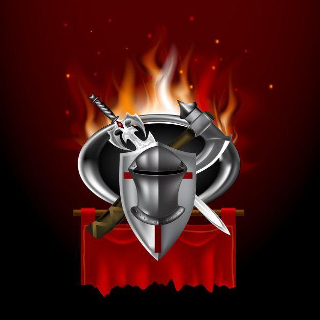 Mideveal Logo - Vintage medieval logo on red banner. Game style Vector. Premium