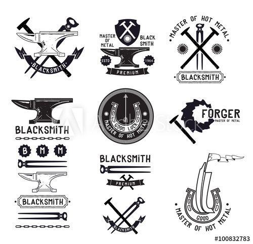 Blacksmith Logo - Set of retro blacksmith logo, labels design elements. Anvil symbol