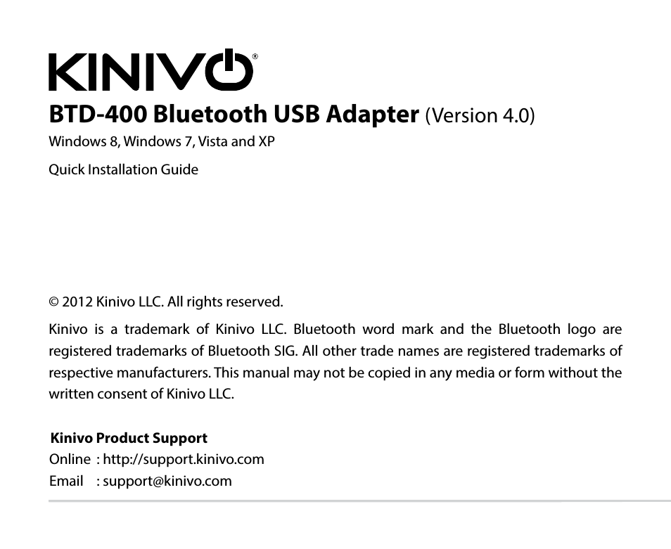 Kinivo Logo - Kinivo BTD-400 Bluetooth 4.0 USB adapter EN User Manual | 8 pages