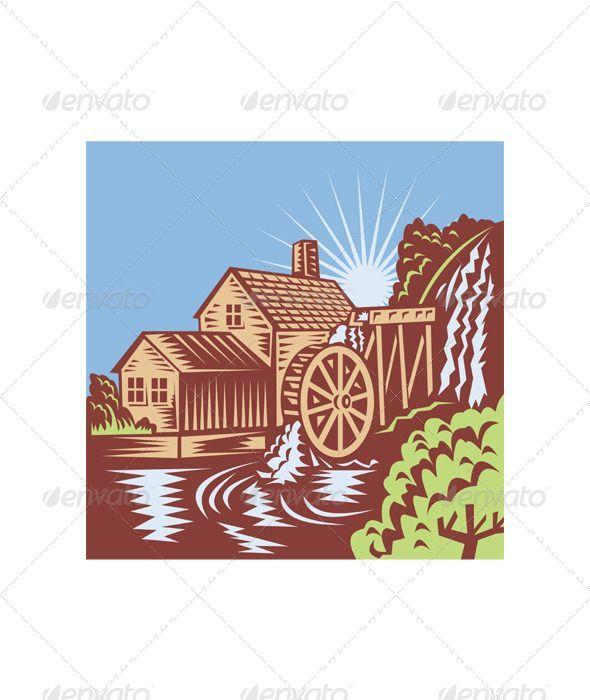 Waterwheel Logo - Water Wheel Mill House Retro. Graphics, Infographics