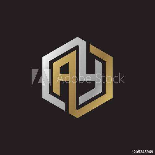 Ay Logo - Initial letter AY, looping line, hexagon shape logo, silver gold