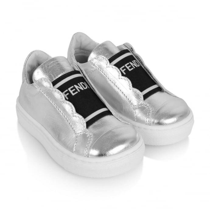 SilverSneakers Logo - Fendi Kids Girls Silver Sneakers with Petal Hems and Logo Togue