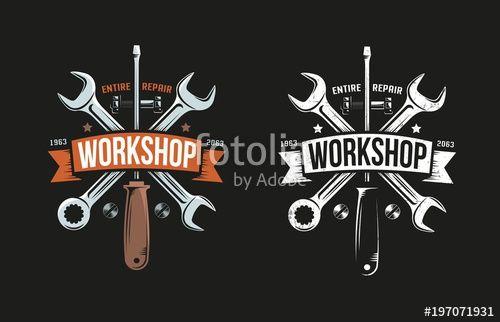 Screwdriver Logo - Workshop retro logo with wrench, screwdriver and heraldic ribbon