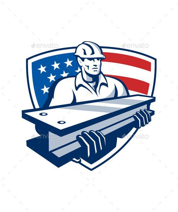 Steelworker Logo - Illustration of a construction steel worker carrying an i-beam with ...