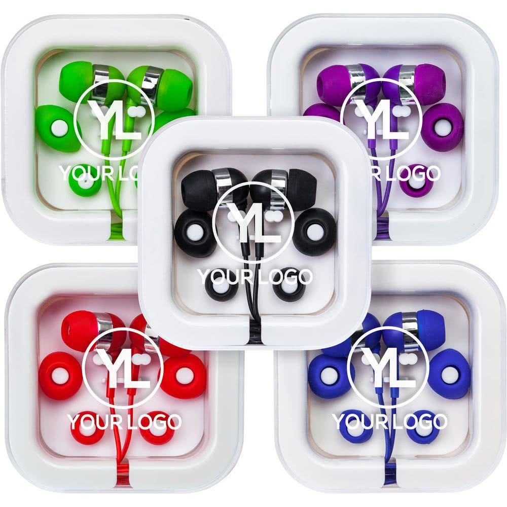 Earbud Logo - Promotional Earbuds in Square Cases with Custom Logo for $1.52 Ea