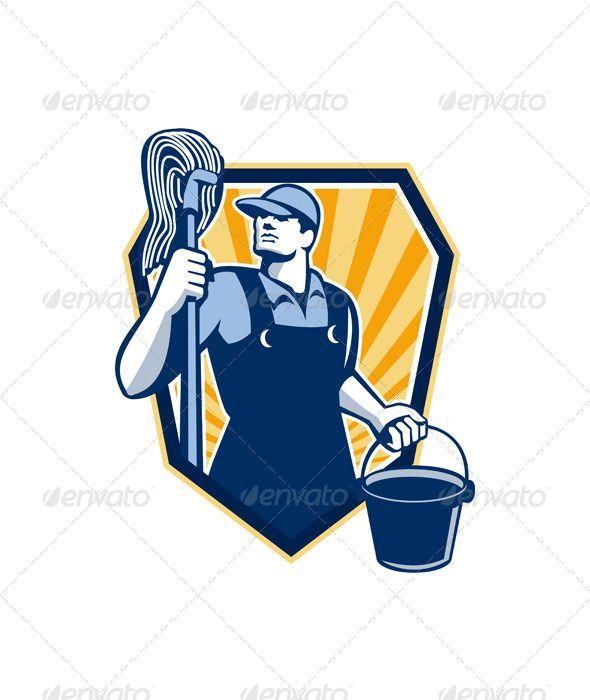 Janitor Logo - Janitor Holding Mop Bucket Shield Retro. Fonts Logos Icons