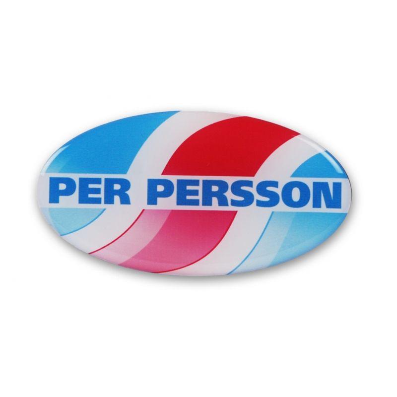 Ellipse-Shaped Logo - Name tag ellipse-shaped with 3D-emblem and pin
