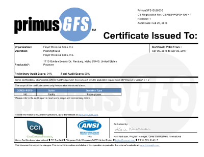 PrimusGFS Logo - PrimusGFS CB Registration No.: CERES−PGFS−106 − 1