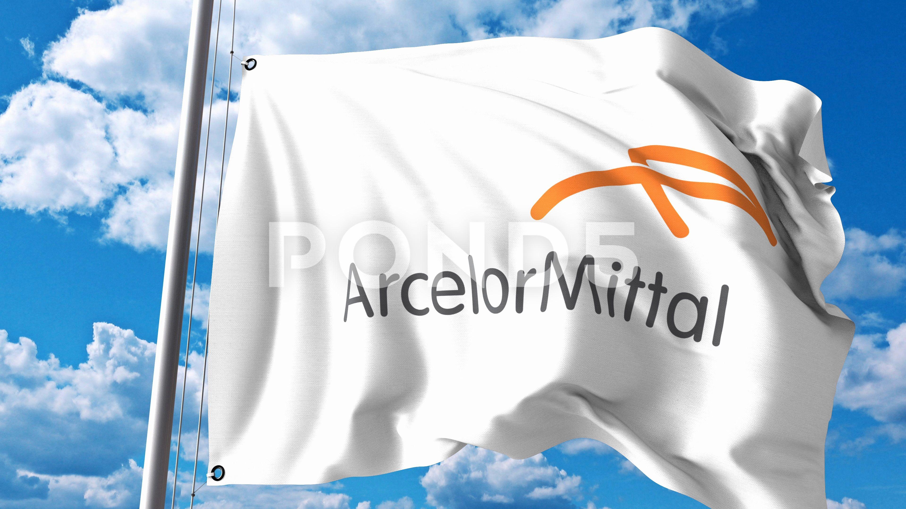 ArcelorMittal Logo - Video: Waving flag with ArcelorMittal logo against clouds and sky