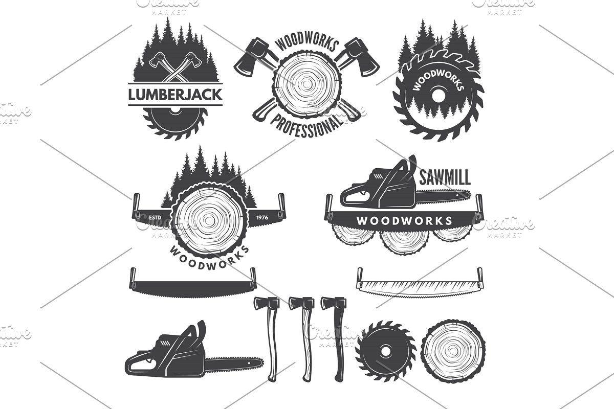 Lumberjack Logo - Monochrome labels set with lumberjack and pictures for wood industry