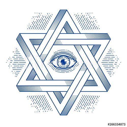 Two-Dimensional Logo - Jewish hexagonal star with all seeing eye of god sacred geometry