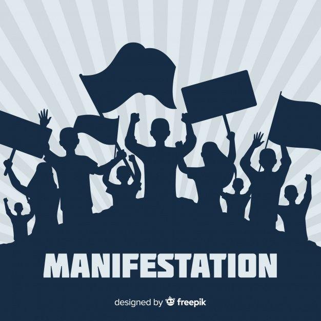 Manifestation Logo - Silhouette crowd of people with flags and banners in a manifestation ...