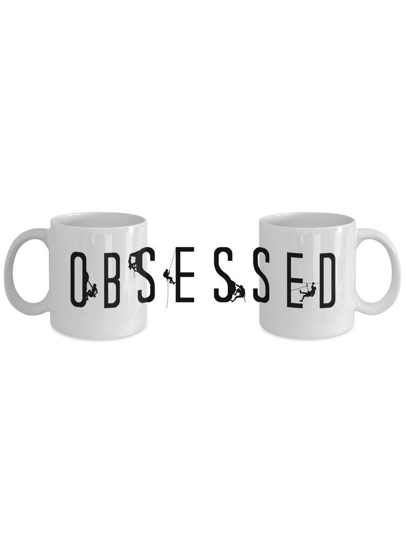 Obsessed Logo - Rock Climbing Mug - OBSESSED Logo with Mini Climber Silhouettes