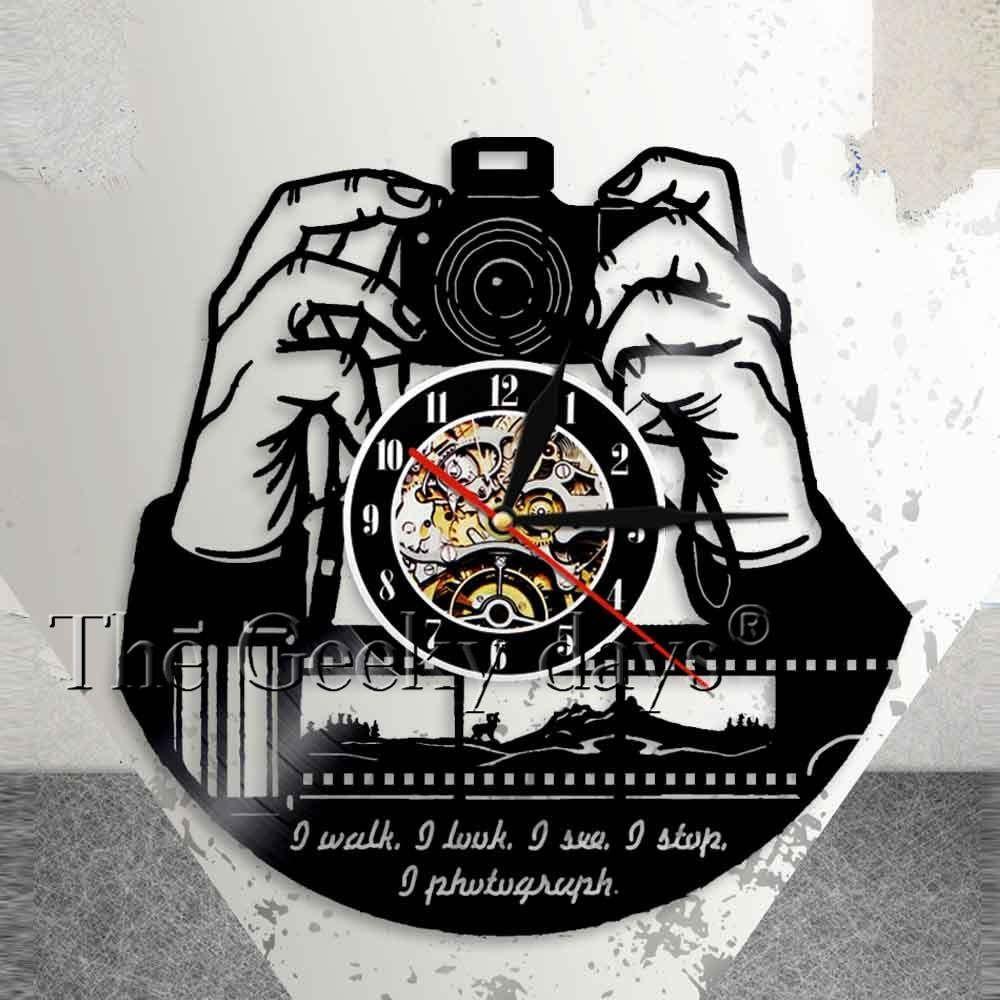 Cameraman Logo - US $19.0 |Hands On Camera Photo Camera Wall Clock Photographers Vinyl  Record Wall Clock Photography Studio Logo Cameraman Shutterbugs Gift-in  Wall ...