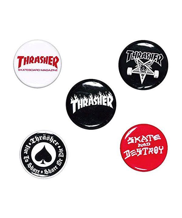 Skateboading Logo - THRASHER Pin Badge Five Kinds One Set Slasher Logo Buttons Skateboard SKATE SK8 Skateboarding HIPHOP Hip Hop SURF