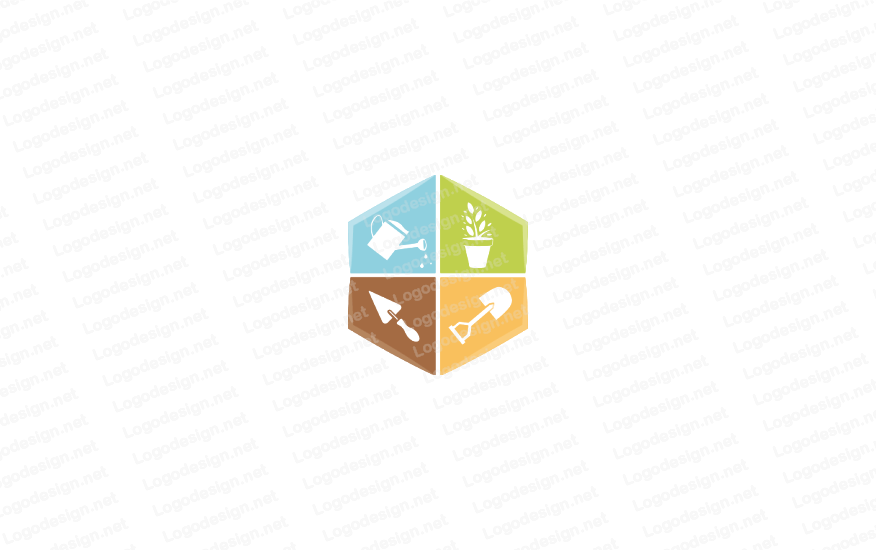 Shovel Logo - watering can shovel plant and spade inside hexagon | Logo Template ...