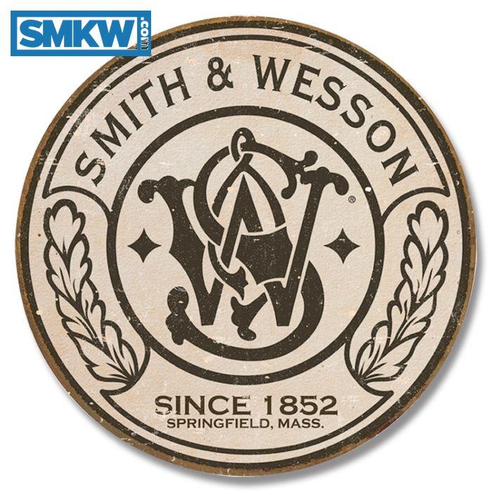 Wesson Logo - Smith & Wesson Round Tin Sign. Smoky Mountain Knife Works